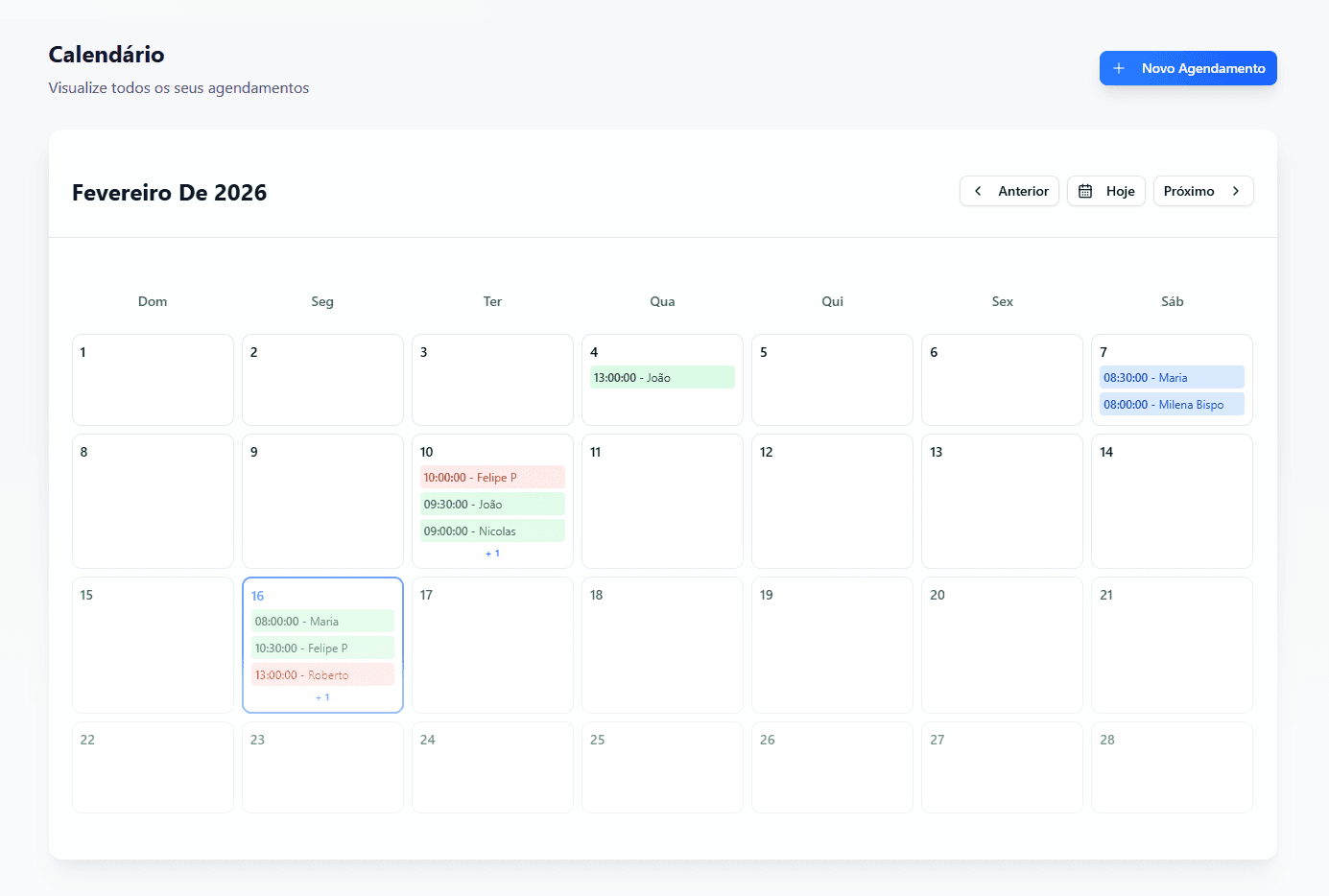 Ilustração do calendário completo de agendamentos no TyAgendei