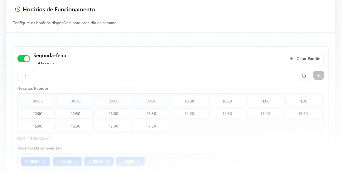 Ilustração da tela de configuração de horários do TyAgendei